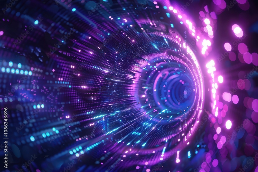Poster digital tunnel of cyberspace with particles and lighting, technology network connections abstract ba