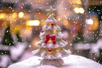 Obraz premium A charming small Christmas tree adorned with twinkling lights and a shining star atop, radiating festive cheer and warmth for the holiday season.