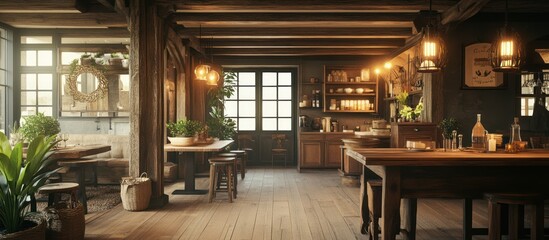 Fototapeta premium Rustic wooden kitchen with large windows, wooden beams, and a dining table.