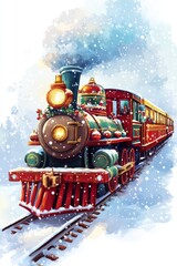 A powerful train glides through a snowy landscape, its vibrant colors contrasting against the pristine white, creating a mesmerizing winter scene.