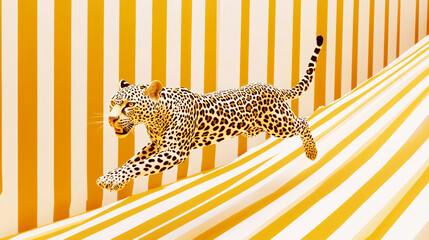 3D leopard running in infinite geometric pattern background. golden black white stripe spots lines kaleidoscope fashion animal surreal abstract illustration wallpaper
