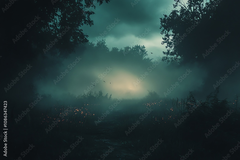 Poster a mysterious forest path winds through dense fog towards a faint light in the distance. the path is 