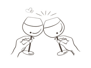 ワイングラスで乾杯する線画イラスト