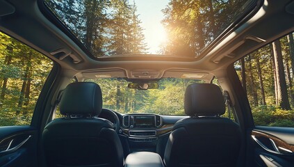 Fototapeta premium Sunlit Forest Drive: Panoramic View from a Car's Interior