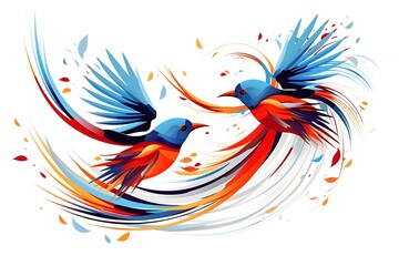 Obraz premium bird, animal, nature, flying, wildlife, illustration, wing, design, vector, feather, silhouette, beak, colourful, flight, horizontal, no people, art, black, blue, sky, tree branch, beautiful, freedom,