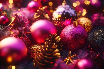 A vibrant close-up of sparkling Christmas ornaments, showcasing rich colors and intricate designs, nestled atop a festive table, evoking holiday cheer and warmth.