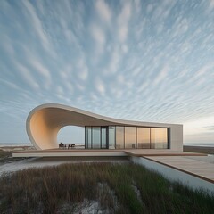 Modern Beach House with Curved Roof and Stunning Sky.