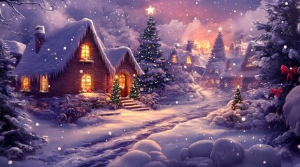 Fototapeta premium A cozy house adorned with twinkling lights stands under a blanket of snow, while a beautifully decorated Christmas tree glows warmly in the night.