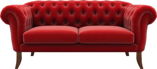 Red velvet chesterfield sofa on a transparent background, classic furniture concept