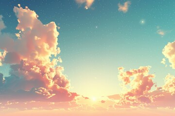 Fototapeta premium A breathtaking sunset with fluffy clouds and a starry sky