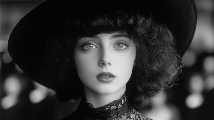 Fototapeta premium Mysterious Portrait of a Woman with Bold Hat and Dark Hair in Monochrome, Capturing Intriguing Emotions with Intense Gaze and Glamorous Style