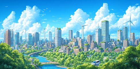 Naklejka premium A panoramic view of a modern city with lush green trees, a river, and a blue sky with white clouds.