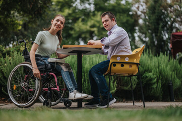 A young boy with Down syndrome and a girl in a wheelchair enjoy playing backgammon together at an outdoor table, showcasing friendship and inclusivity.