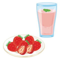 皿に盛られた苺とグラスに入った苺スムージー