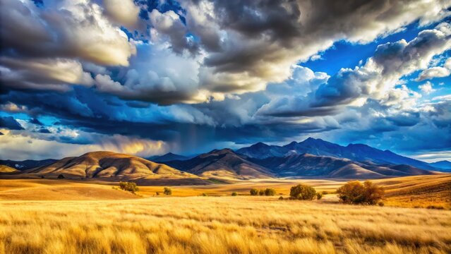Scenic mountain range with dramatic sky, rolling hills, dry grass, and vibrant blue sky with heavy clouds , landscape, mountains