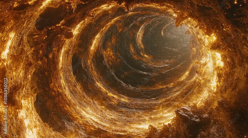 Poster a swirling vortex of golden light and particles, creating a mesmerizing cosmic scene that evokes a s