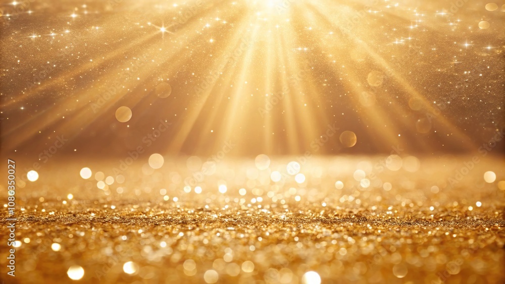 Poster defocused golden rays illuminating a glittering gold background with intricate patterns and subtle s