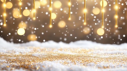 Obraz premium A crisp winter background with snow-covered ground sparkling with gold glitter, while golden bokeh lights glow softly in the background. 