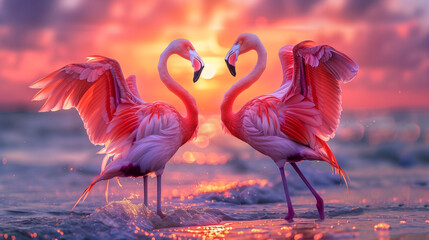 Flamingos at Sunset. Two vibrant pink flamingos standing on a beach with their wings spread, forming a heart shape against a dramatic orange and pink sunset.