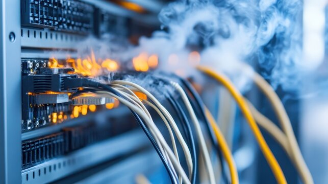 Close-up of smoking and burning wires in a data center, highlighting fire hazards and electrical malfunctions.