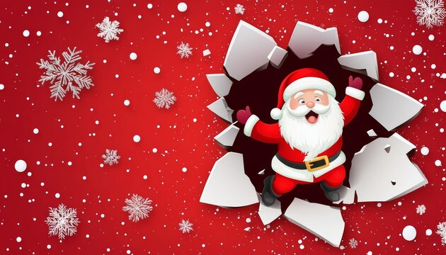 Santa Claus peeks through a snowy hole, embodying festive curiosity and joy, surrounded by a glistening winter wonderland.