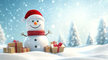 A cheerful snowman adorned with a vibrant red hat and scarf, surrounded by colorful presents, capturing the essence of festive winter joy.