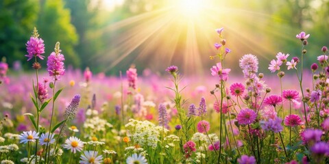 Obraz premium Summer flower meadow with pink wildflowers and lilac bushes under morning sunlight, wildflowers, meadow, pink, lilac