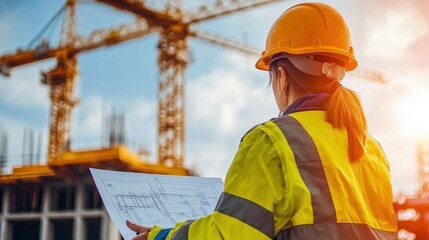 Female construction worker or civil engineer wearing a hard hat and a reflective vest, holding architectural blueprints while inspecting a construction site. Cranes operating in the background