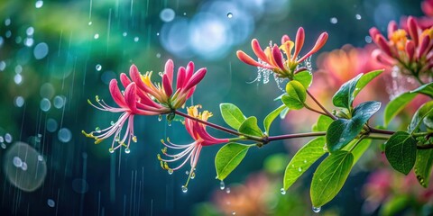 Moody image of honeysuckle flowers with raindrops on a rainy day , rainy, flowers, honeysuckle, raindrops, moody, atmospheric