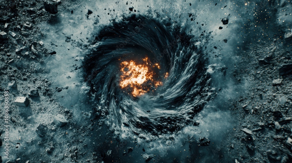 Poster a swirling vortex of dark debris and flames, creating an intense and dynamic visual effect, suggesti