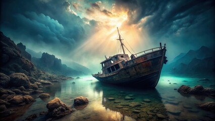 Obraz premium Eerie stock photo of a sunken ship in a mysterious, spiritual terrain , shipwreck, underwater, haunting, ghostly, surreal