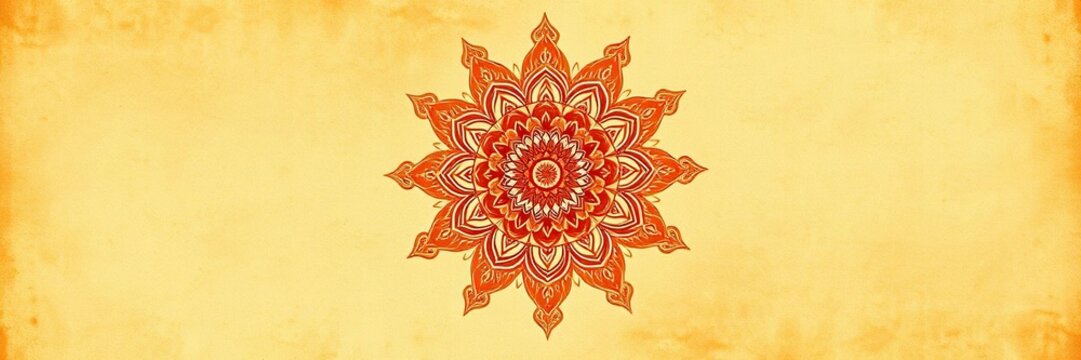 Detailed mandala design with ornate details and warm orange tones against a weathered vintage pasley background, intricate details, abstract art, tribal motifs