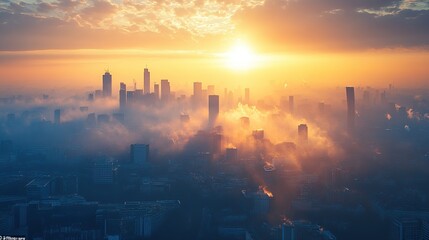 A sunrise over a city skyline shrouded in mist, creating a serene and atmospheric scene.