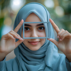 A young woman in a hijab holds a rectangular frame in front of her face, creating a playful and artistic portrait against a blurred background.