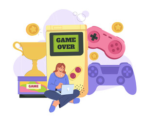 Woman play games. Young girl with laptop near trophy and gamepad. Fun and entertainment, leisure. Controller and joystick. Flat vector illustration isolated on white background