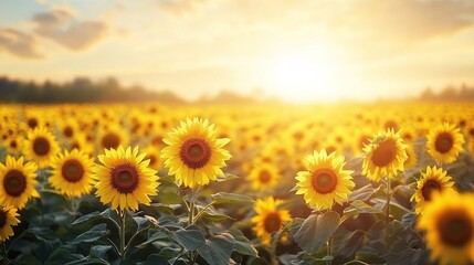 Fototapeta premium A vibrant field of sunflowers basking in the warm glow of a sunset.