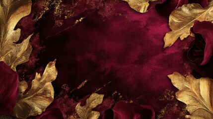 A luxurious abstract background with a mix of deep burgundy velvet and gold leaf accents. The rich textures and color combination give the background a sense of richness and exclusivity.