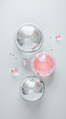 3D abstract bubbles spheres macro delicate cosmetic beauty liquid fashion shimmering silver pink background. for spa salon skincare product glossy wallpaper