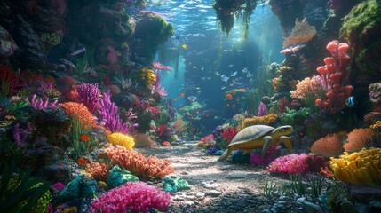 Naklejka premium A vibrant turtle glides through a bustling coral reef, surrounded by a kaleidoscope of colorful fish, showcasing the beauty of underwater life.