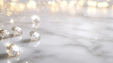 A modern luxury background with diamonds scattered across a smooth marble surface, accented by soft golden fairy lights. The glitter dust adds subtle shine, giving the scene a clean and elegant feel.