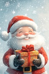 Santa Claus joyfully holds a beautifully wrapped present adorned with a red bow, surrounded by a magical winter wonderland of glistening snowflakes.