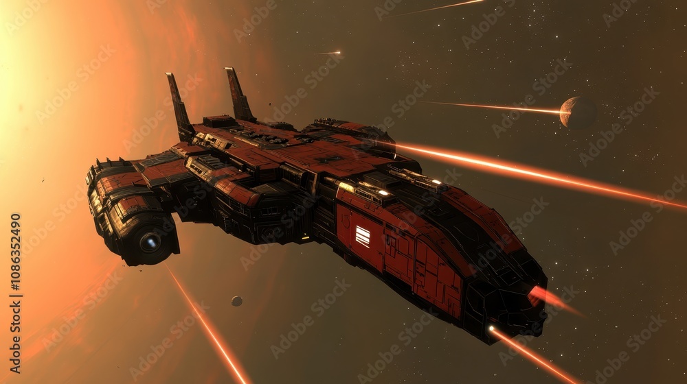 Poster a futuristic spaceship with sleek lines and powerful laser beams, navigating through a cosmic backdr