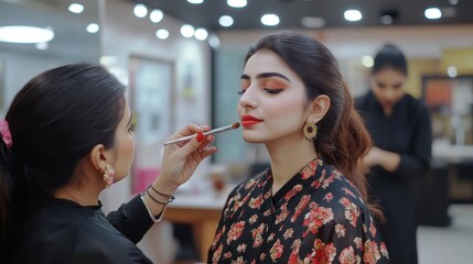 Professional Indian female makeup artist carefully applies makeup to a client's face in the salon. 