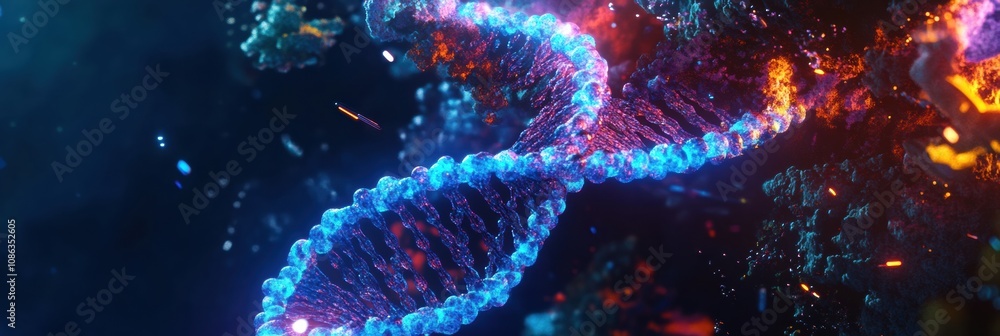 Poster a stunning depiction of a dna strand illuminated by vibrant colors, emphasizing its complexity and i
