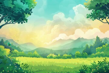 Obraz premium A Tranquil Meadow with Lush Green Trees and Mountains in the Distance