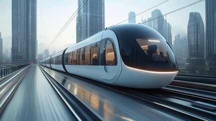 Fototapeta premium A futuristic train gliding through a modern cityscape, showcasing advanced transport technology.