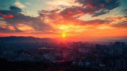 Naklejka premium Photograph a sunset over a city, with the sky ablaze in shades of orange and pink.