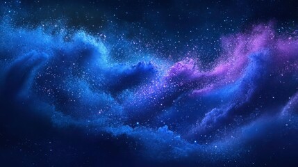 Fototapeta premium A freeze of royal blue and purple powder, swirling together to mimic a night sky full of stars, set against a dark blue background for a cosmic effect.
