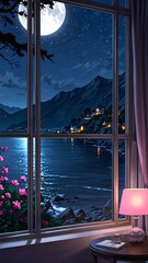 Moonlit Seaside Village View from Window at Night