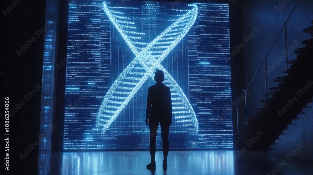 Leinwandbilder a figure stands captivated by a glowing dna helix projected on a wall in a sleek laboratory setting 